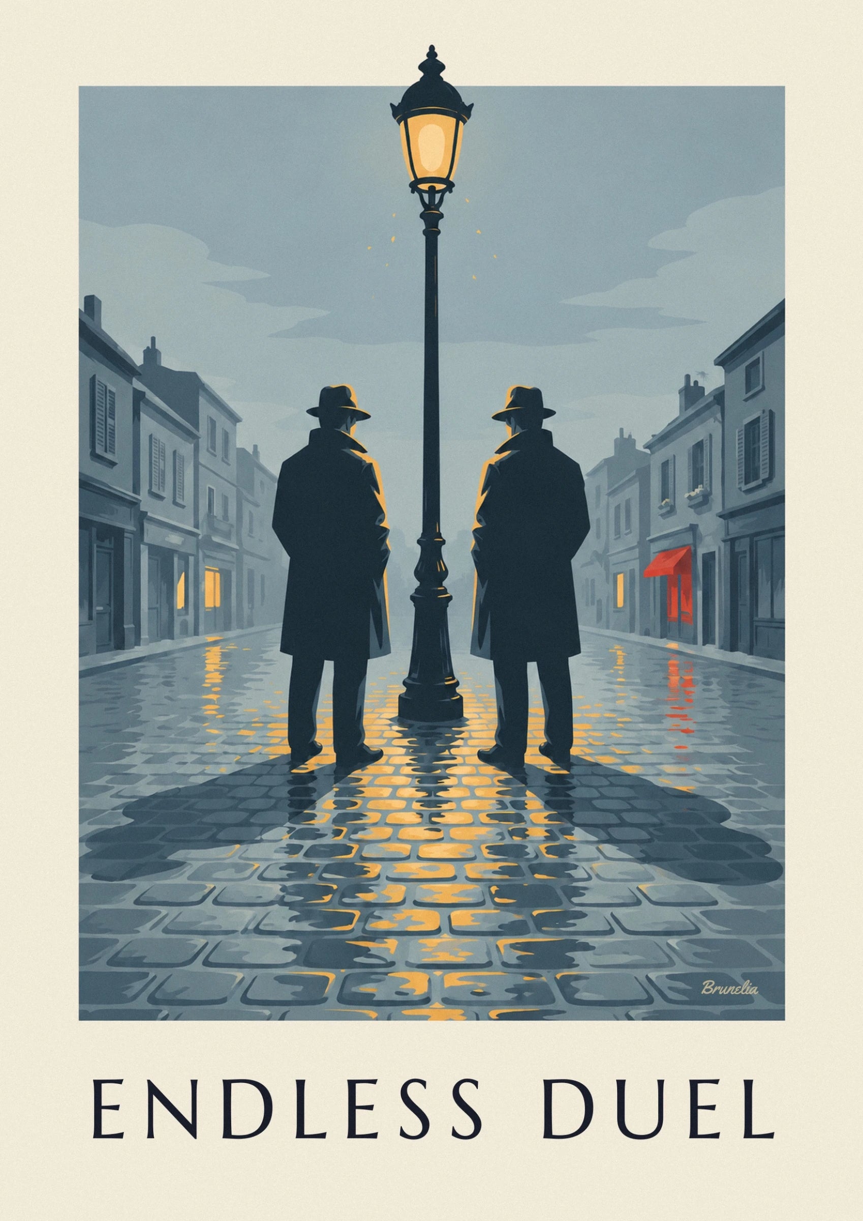The 2 men in hats and long coats seen from behind on either side of the street lamp on the wet cobbles