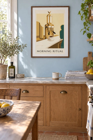 Italian porcelain espresso cup poster: framed on the wall