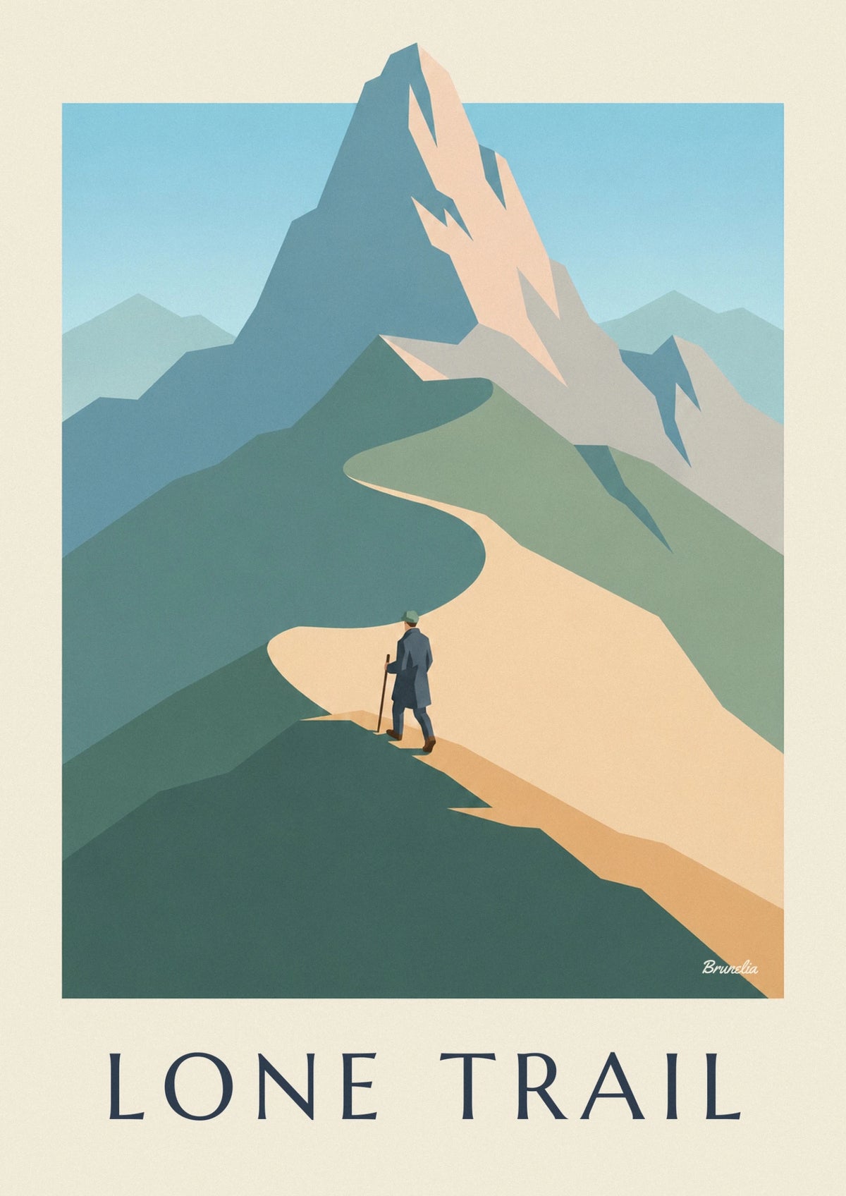 Affiche randonneur solitaire sur un sentier de crête en montagne