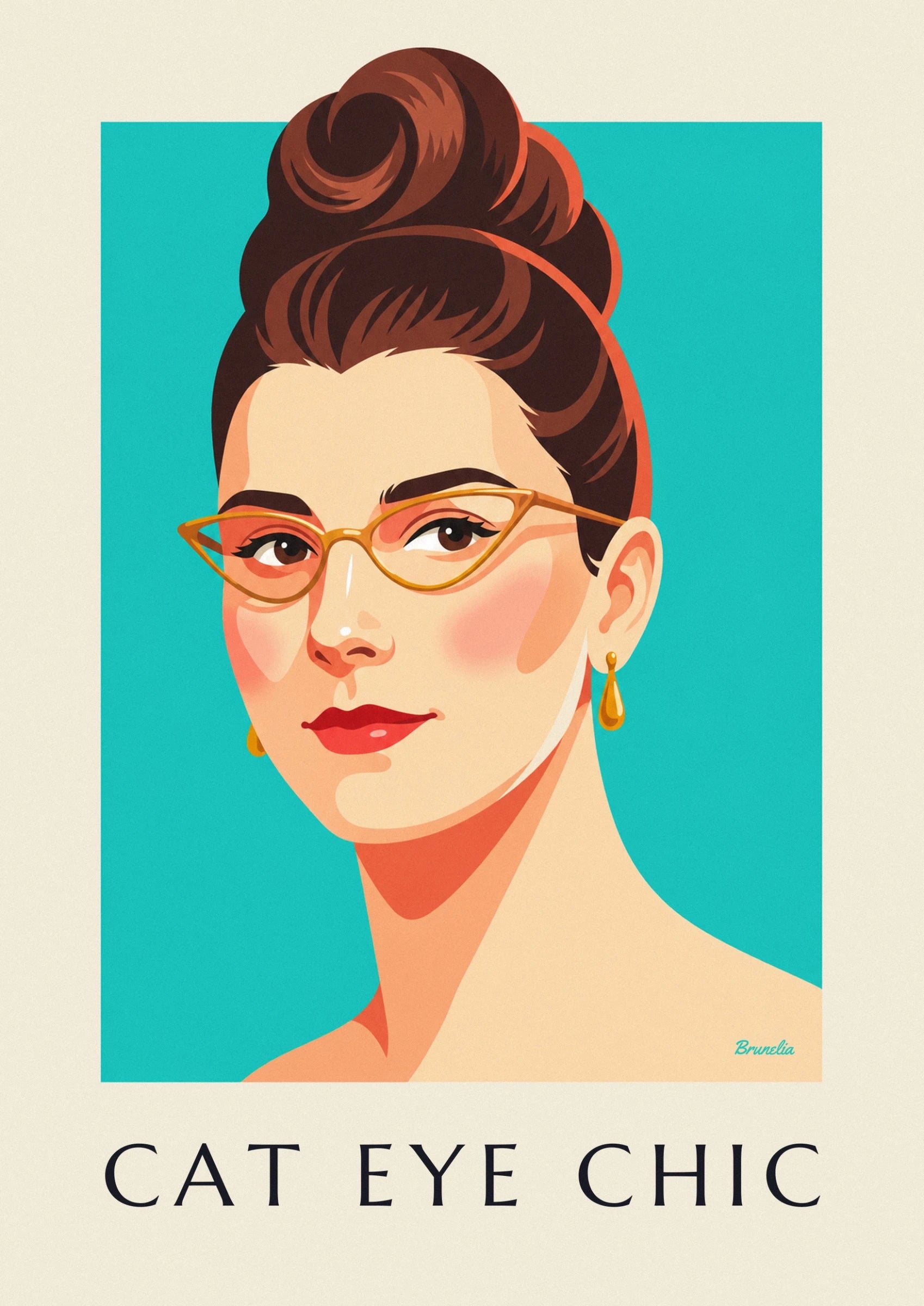 Cat-eye glasses and red lips woman portrait poster: close-up detail