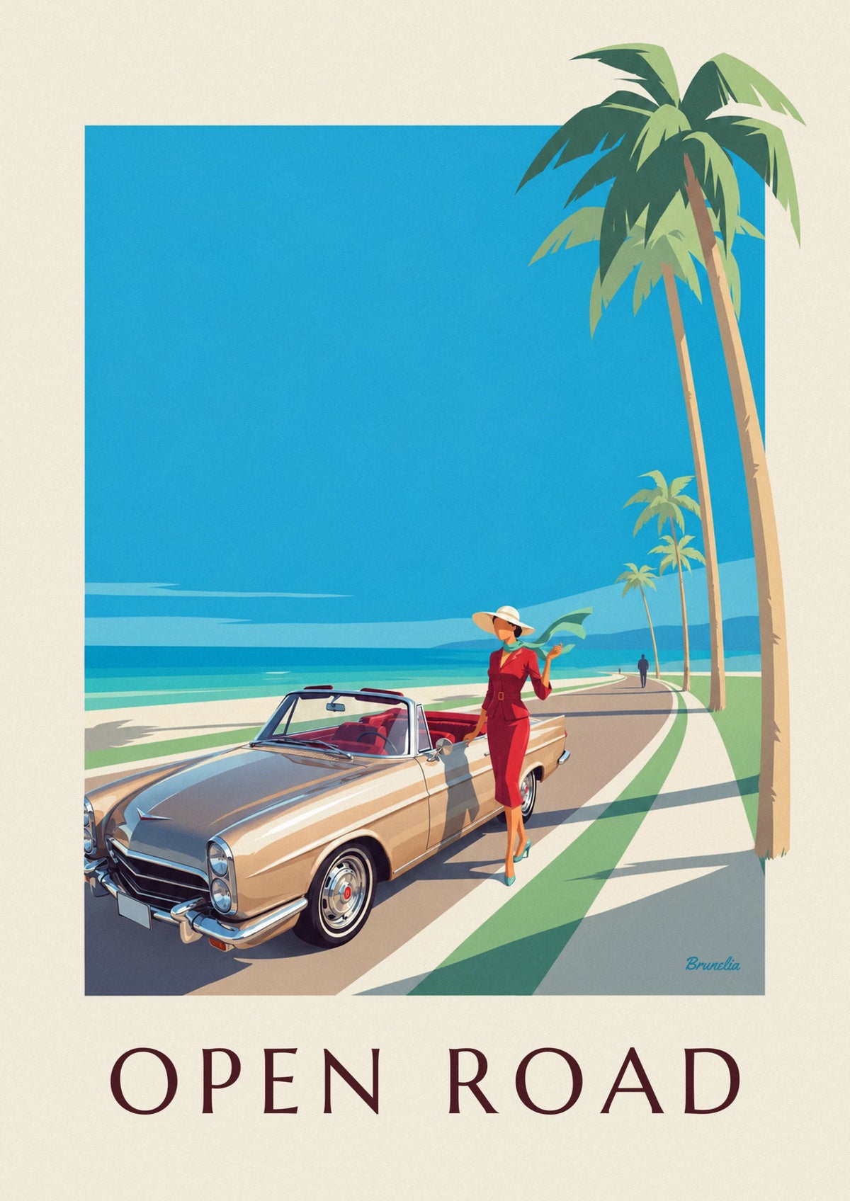 Elegant woman and seaside convertible poster