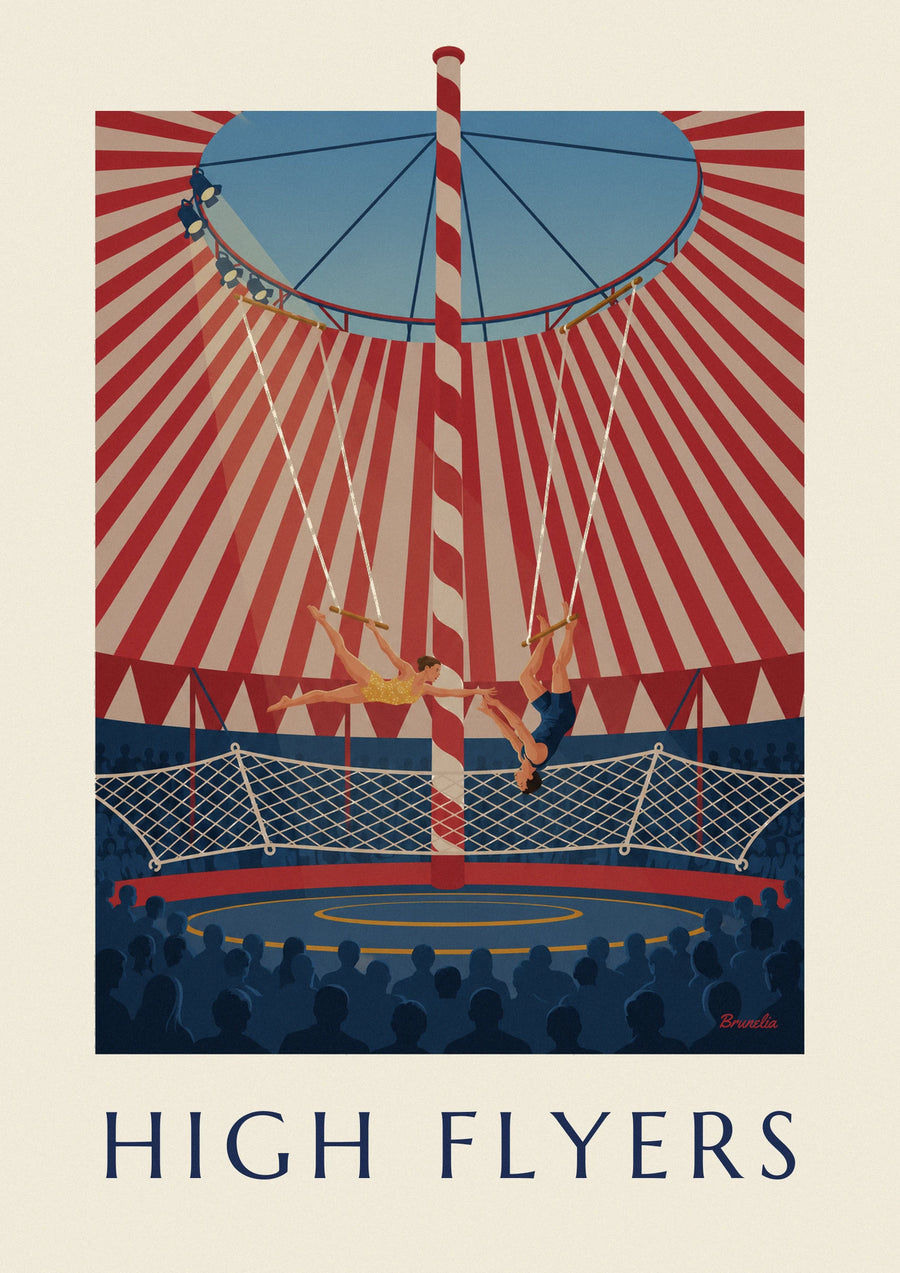 Poster Trapezkünstler unter einem gestreiften Zirkuszelt