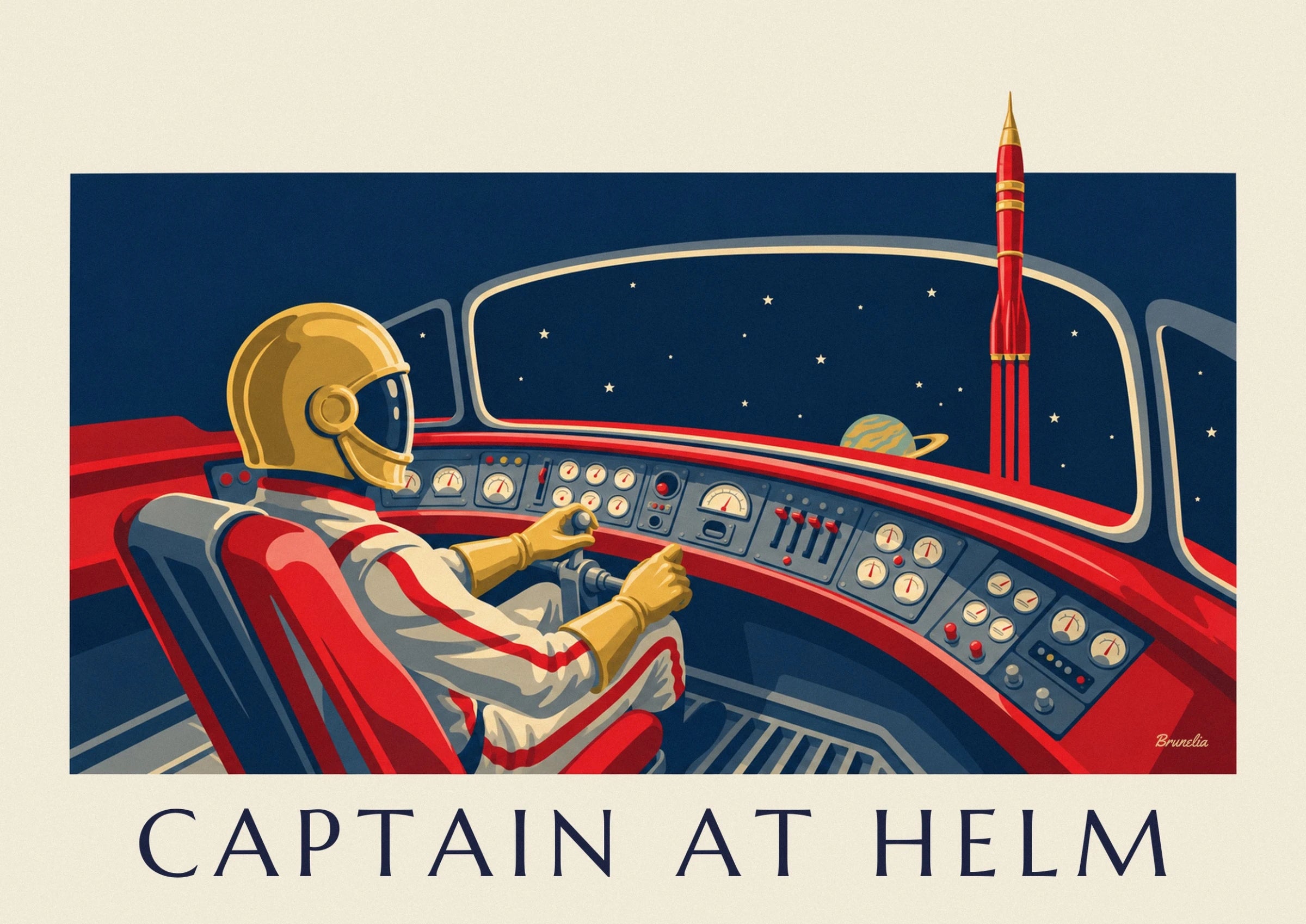 Der Pilot im Profil mit goldenem Helm und Visier im Cockpit