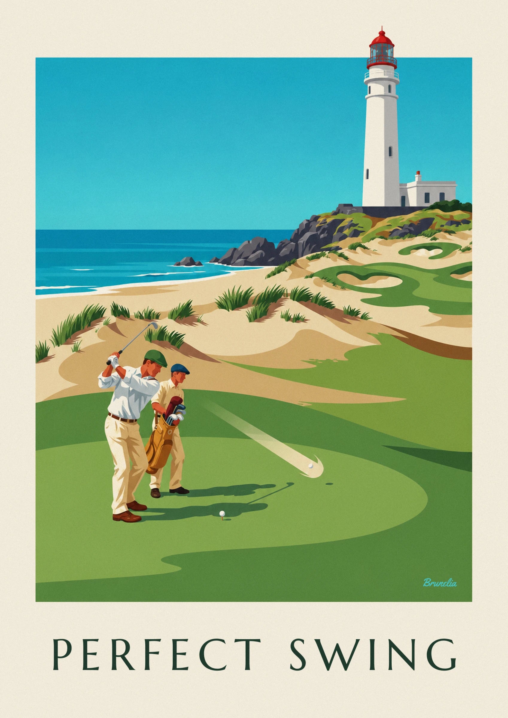 Le golfeur en chemise blanche et casquette verte en plein swing, son caddie à ses côtés