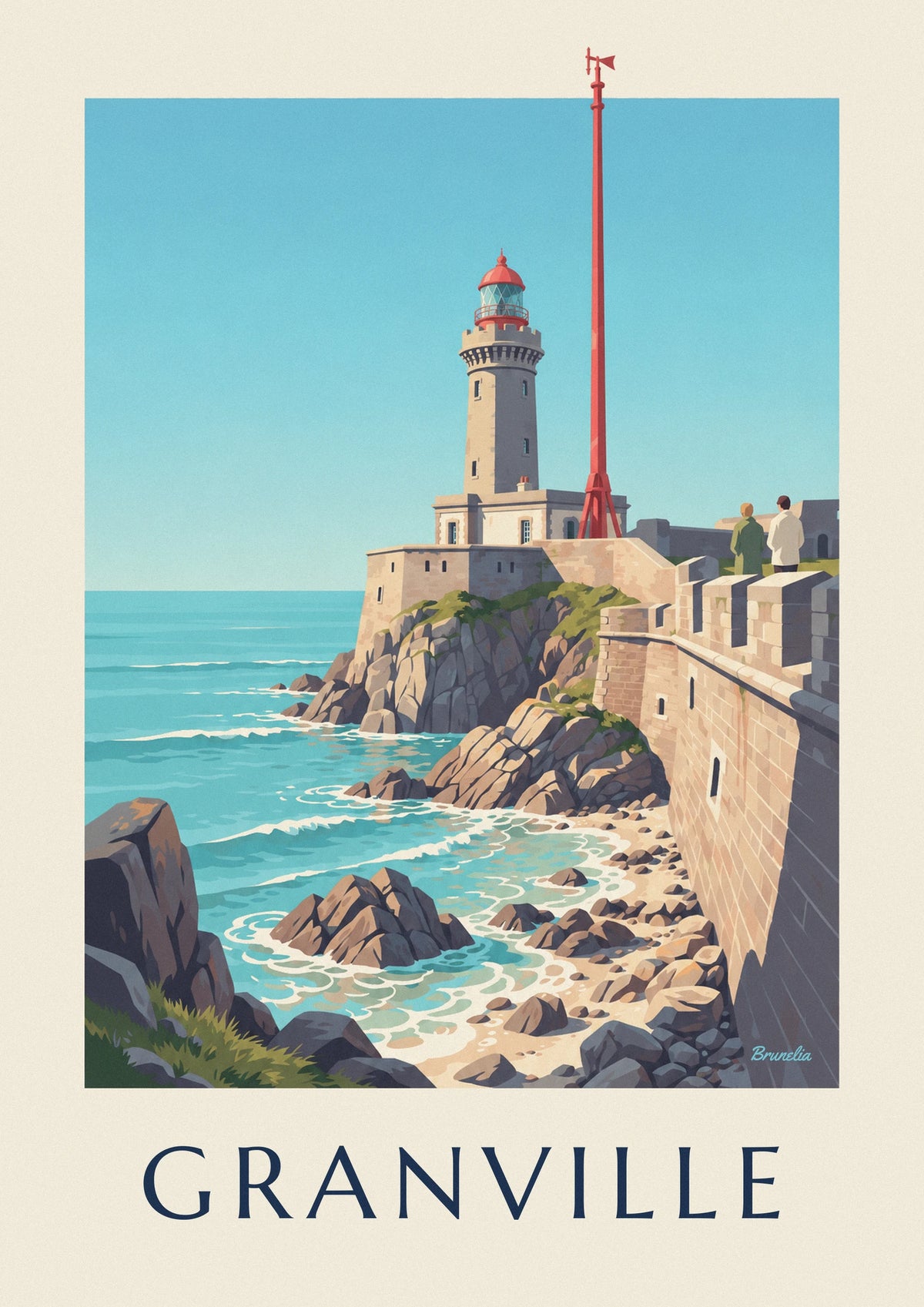 Granville white lighthouse with red lantern on the rocks poster
