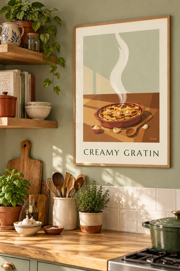Poster goldener Kartoffelgratin (Gratin dauphinois) im Tonform: gerahmt an der Wand