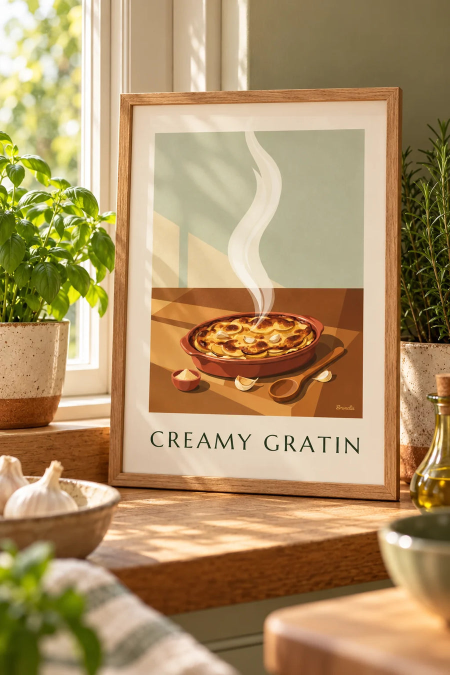 Affiche gratin dauphinois doré dans son plat en terre cuite : petit format A4 encadré