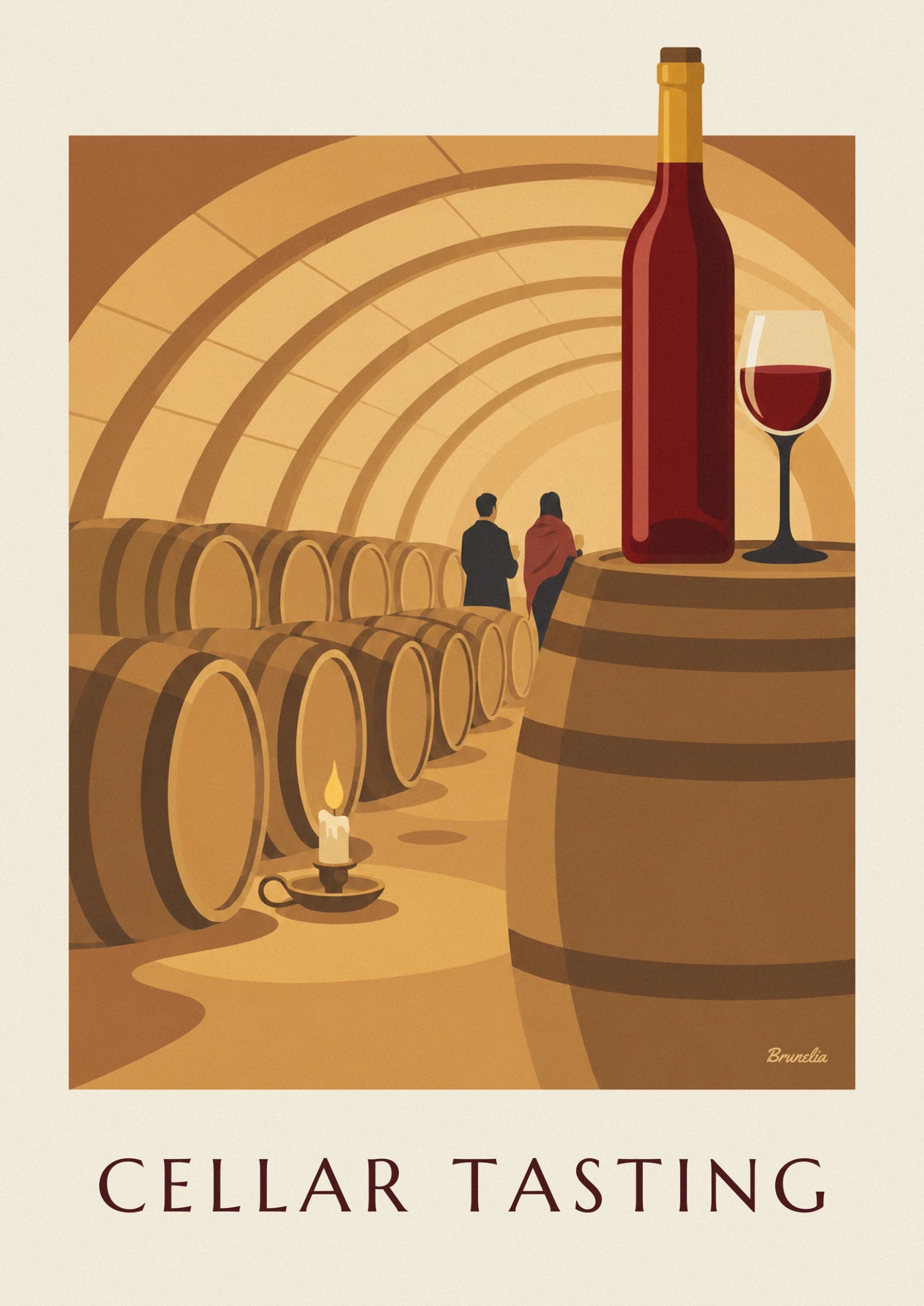 A bottle and glass of red wine on a barrel, with 2 visitors seen from behind in the cellar
