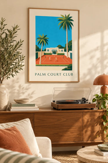 Poster Tennisclub und Sandplatz mit Palmen: gerahmt an der Wand