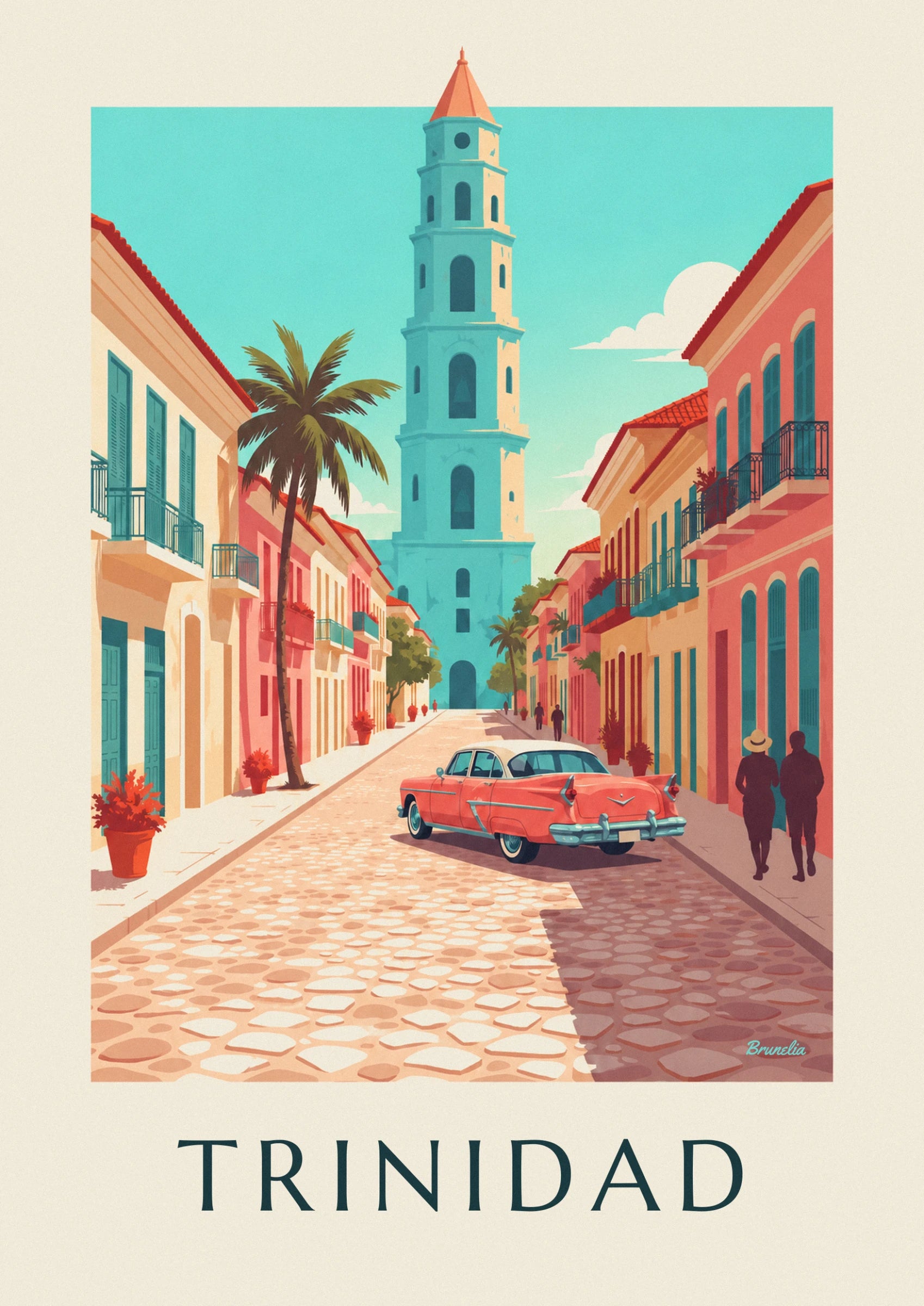 The coral car with tail fins on the cobbles, and 2 passers-by in silhouette in the street