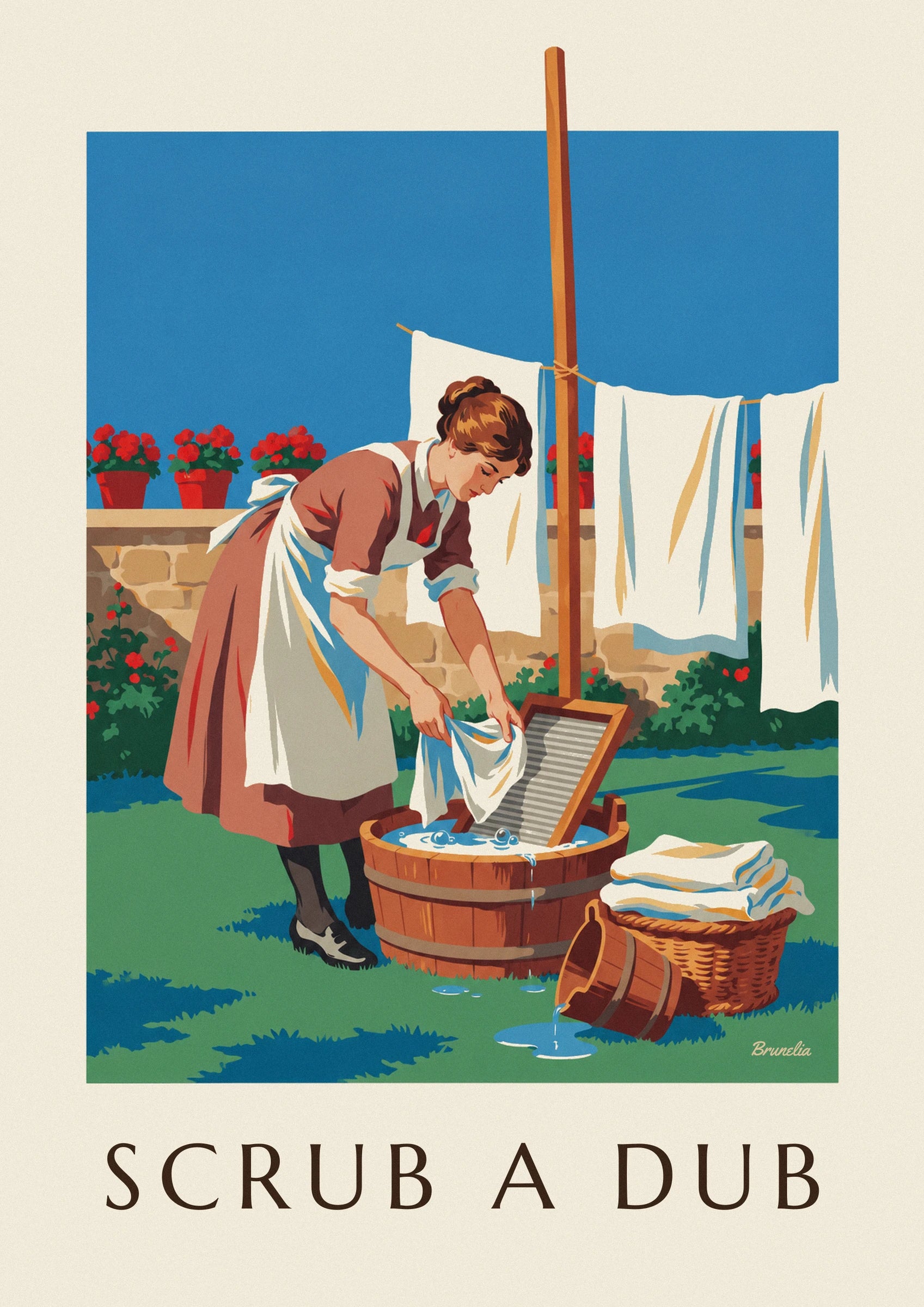 Poster Frau mit Waschbrett in einem sonnigen Hof: Detail in Nahaufnahme