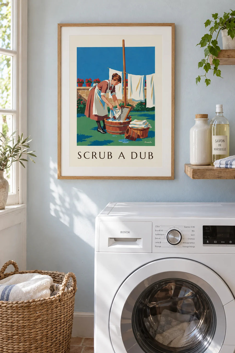 Affiche femme et planche à laver dans une cour ensoleillée : encadrée au mur