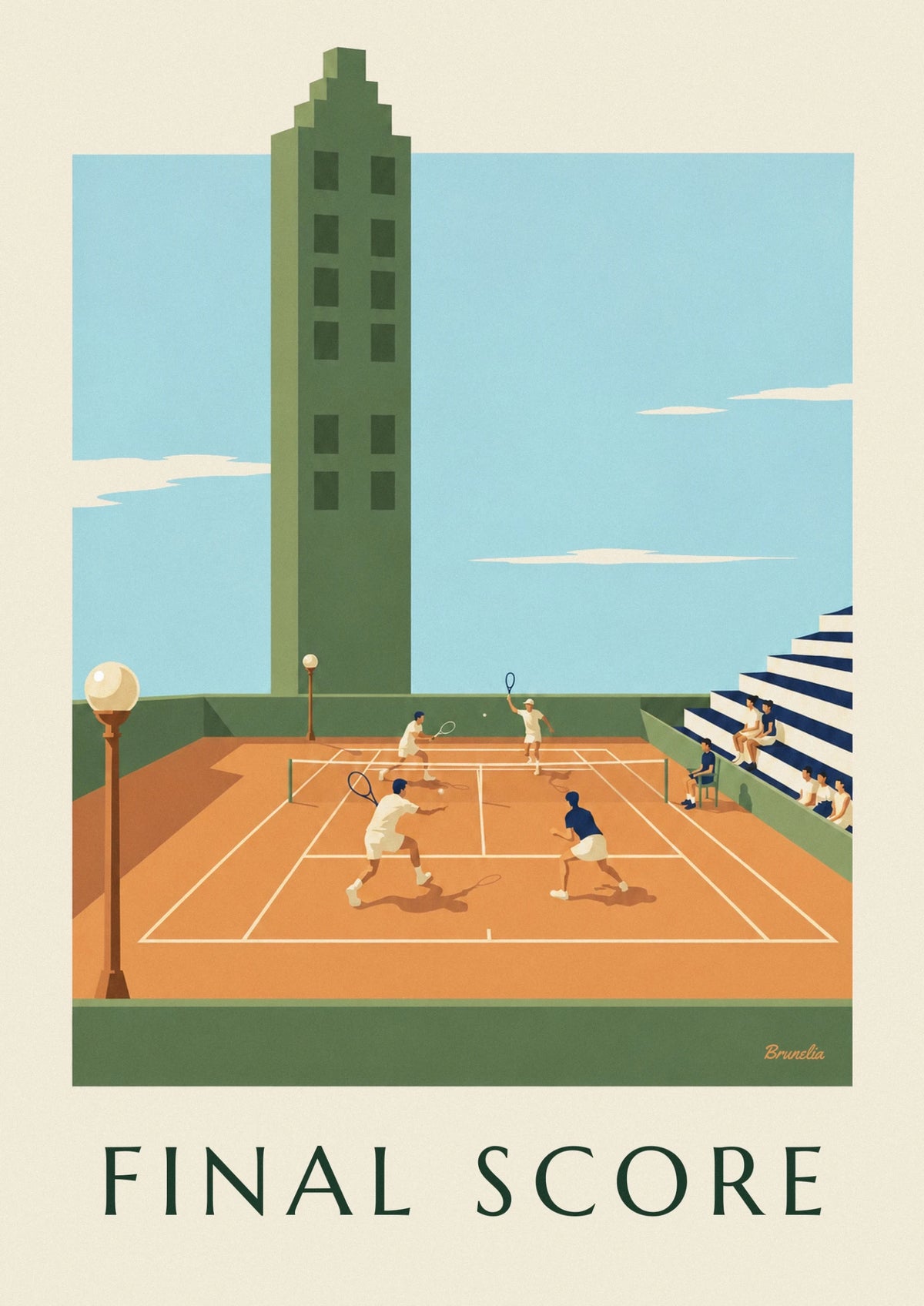 Doubles tennis match on a clay court poster