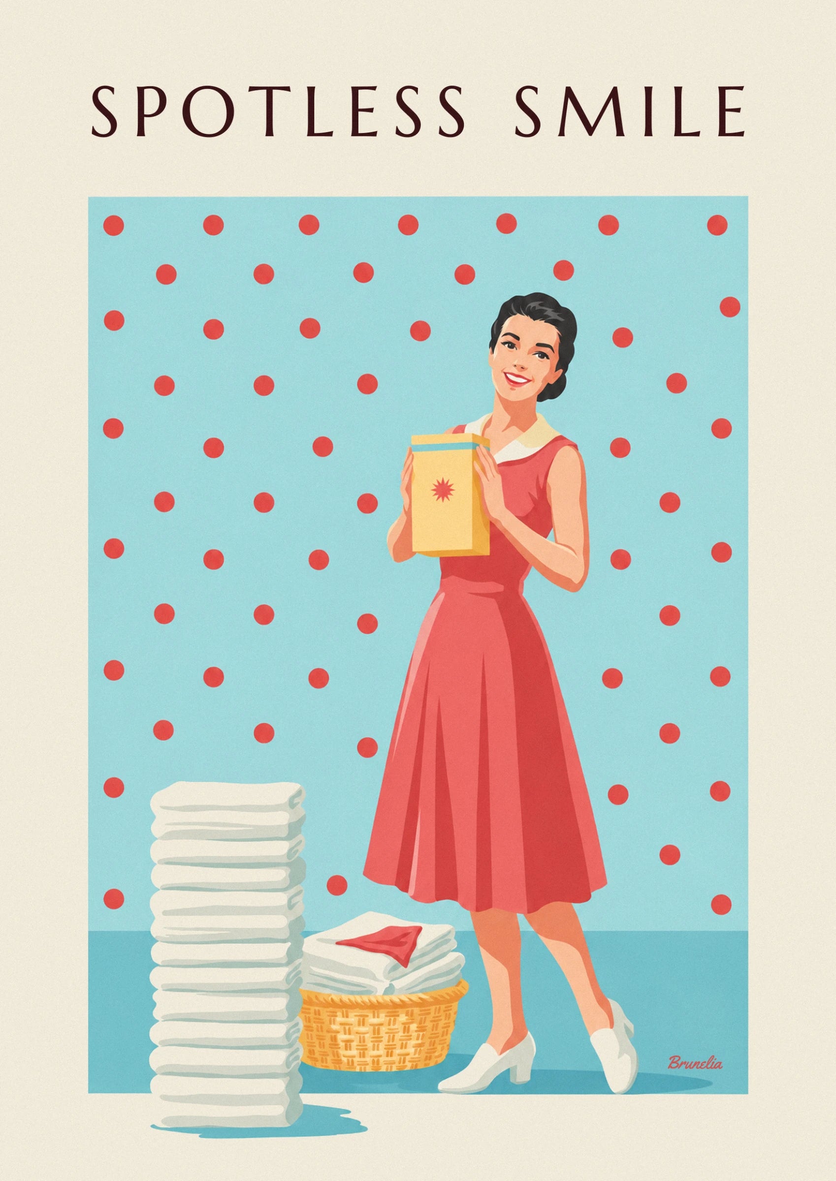 The smiling woman in a red dress clutching a yellow box of washing powder against a blue polka dot background