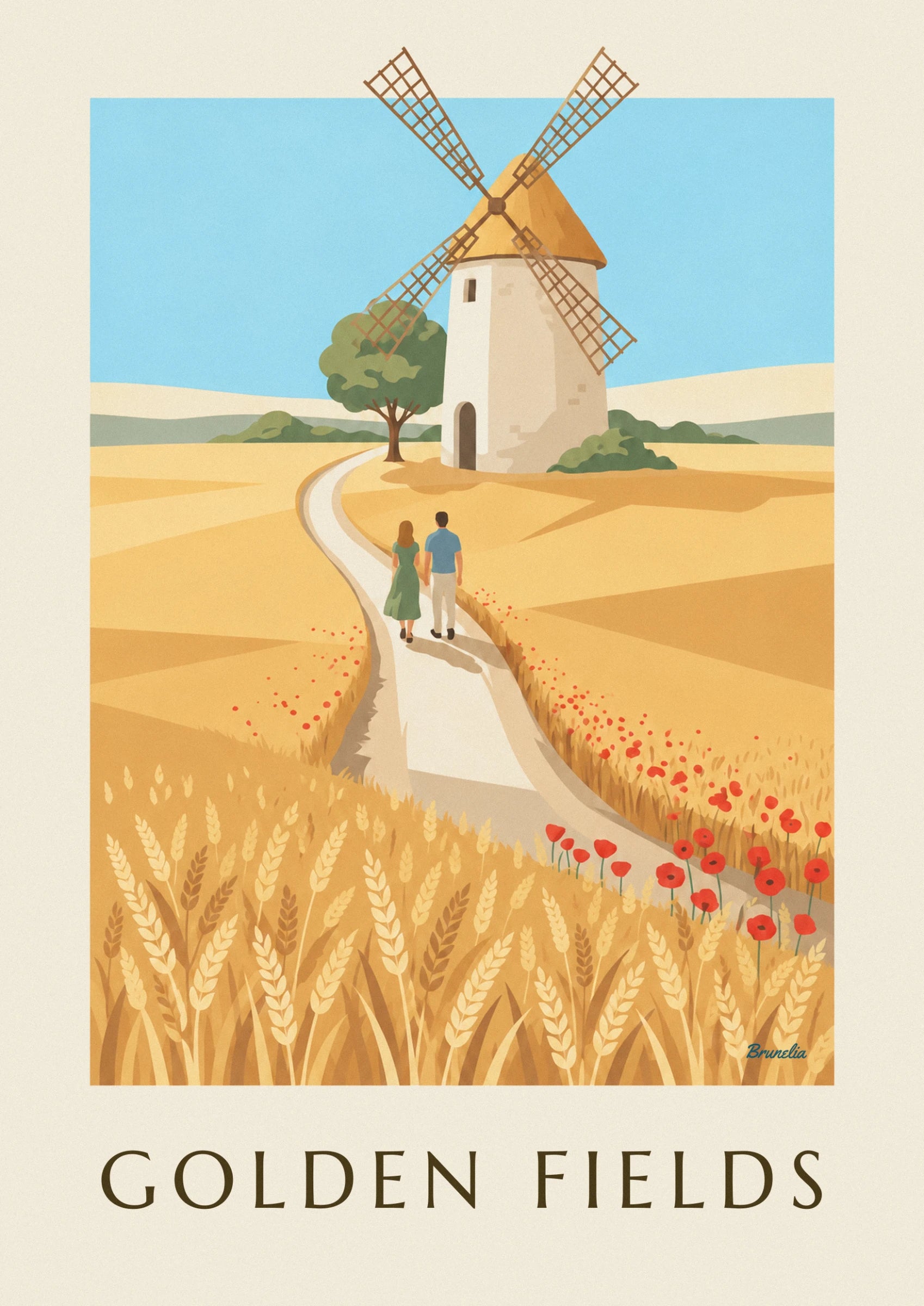 Le moulin blanc à toit de chaume, son olivier et 2 promeneurs sur le chemin