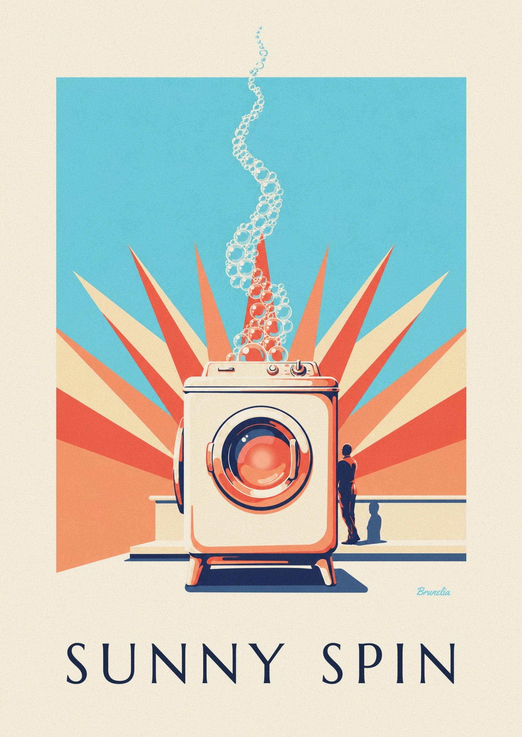 La machine à laver crème et son hublot rond aux reflets corail et bleu marine