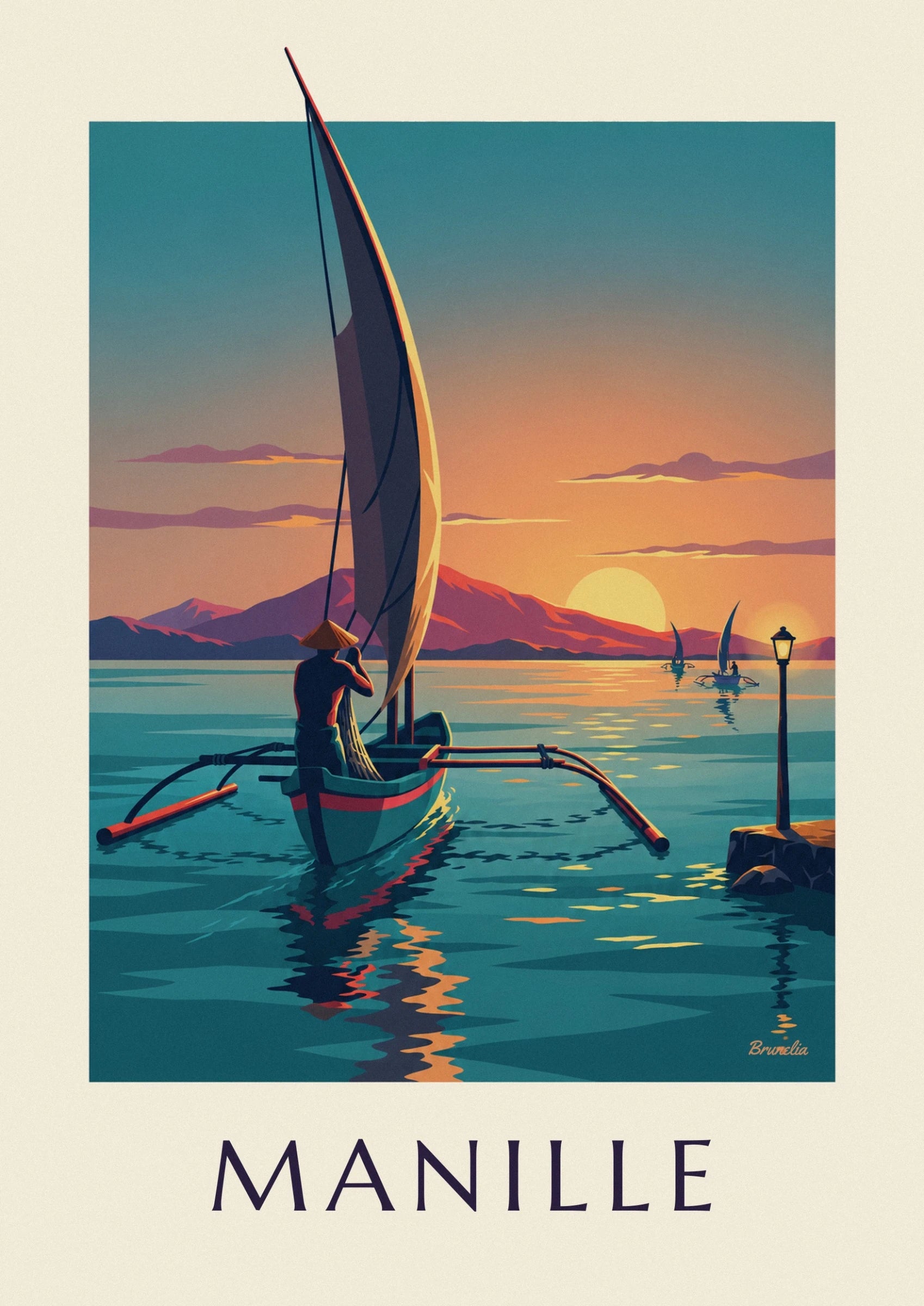 Le batelier au chapeau conique dans sa pirogue turquoise et rouge, devant les montagnes