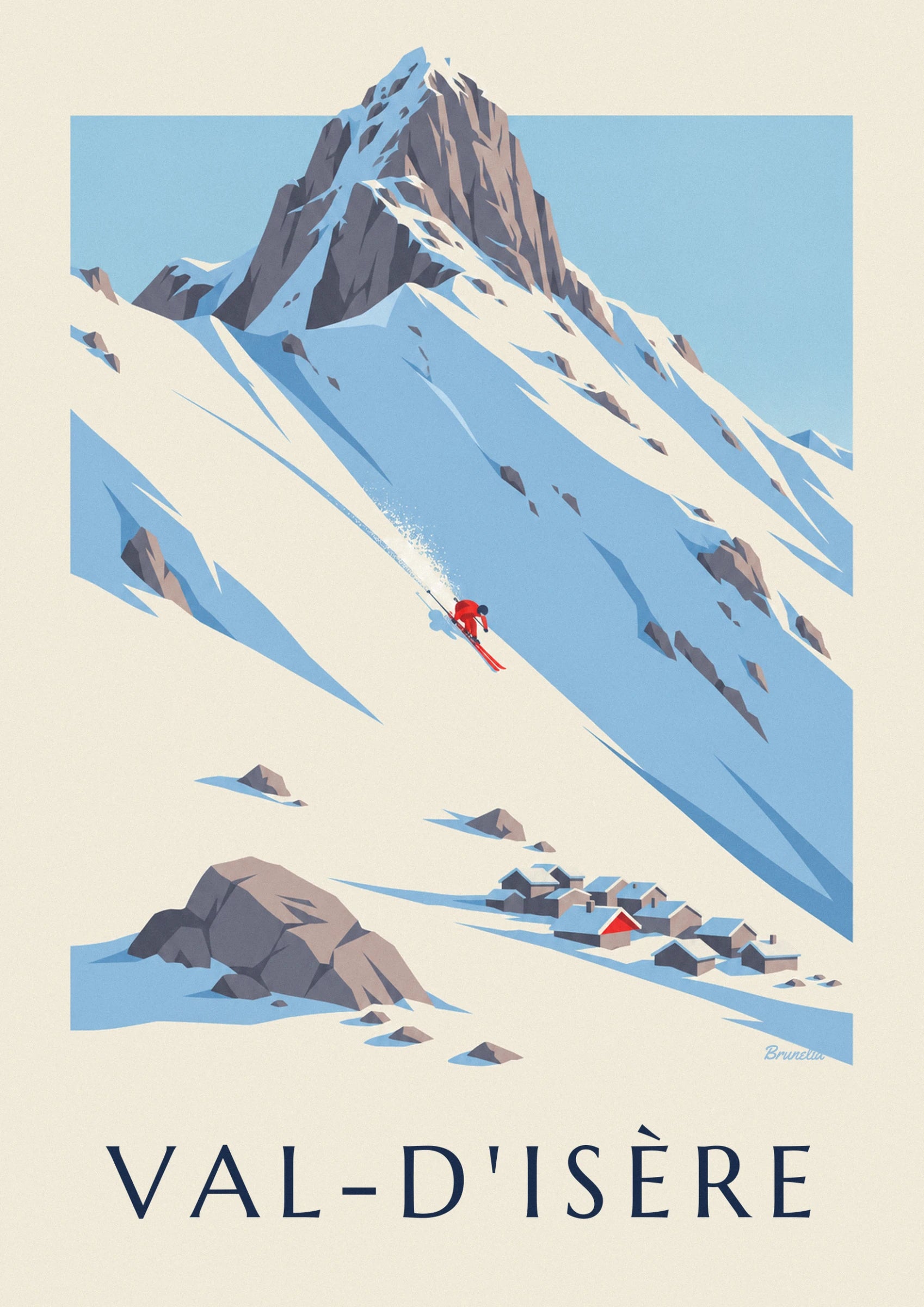 Le skieur en combinaison rouge lancé dans la pente, son nuage de neige poudreuse derrière lui