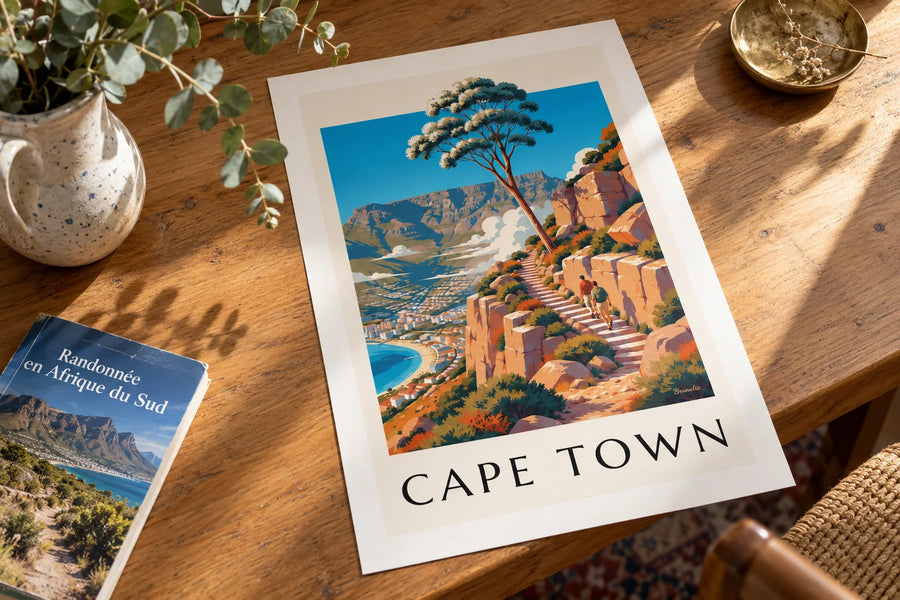 Affiche randonnée sur la montagne de la Table au Cap : posée sur une table