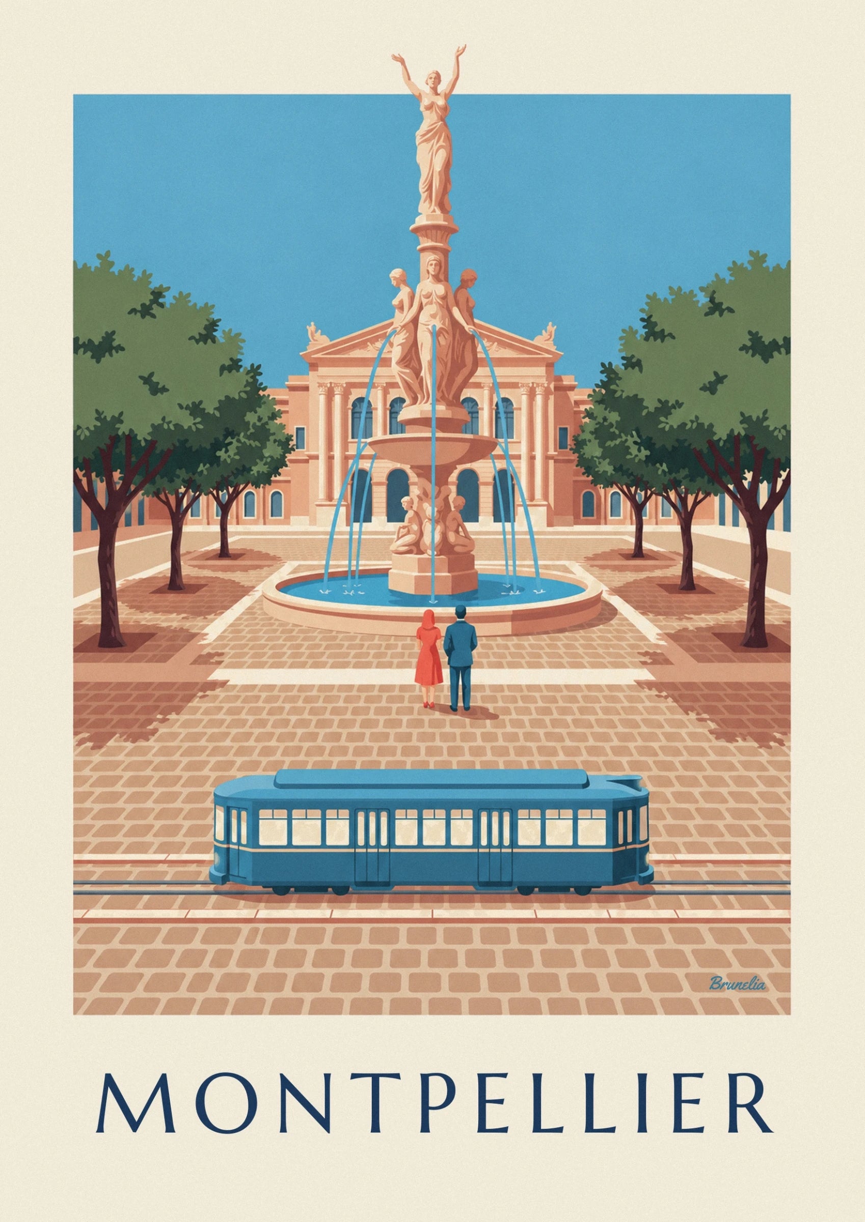 Affiche place de la Comédie et tramway de Montpellier : détail en gros plan