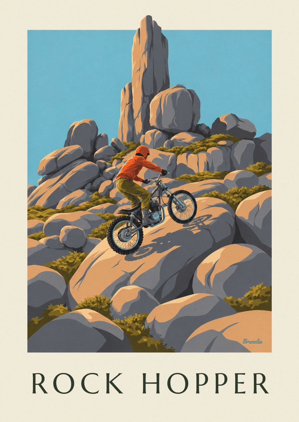 Trial rider crossing rocks poster