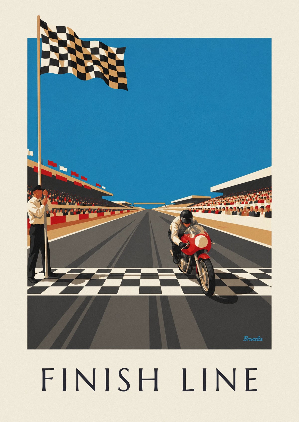 Poster Motorrad überquert die Ziellinie unter der Zielflagge