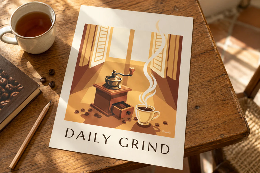 Affiche moulin à café en bois et grains de café : posée sur une table