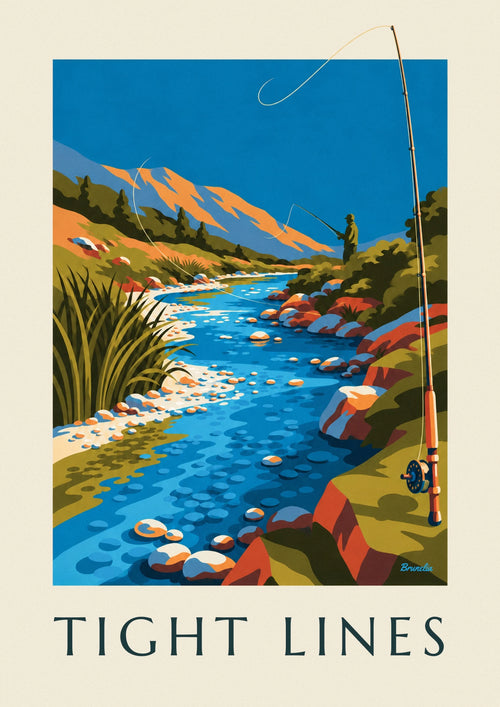 Fly fishing reel poster by a riverbank: the full poster