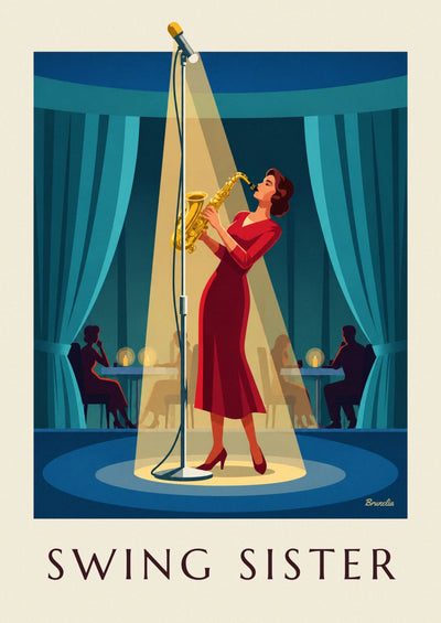 Poster Saxophonistin und Mikrofon in einem Jazzclub: das ganze Poster