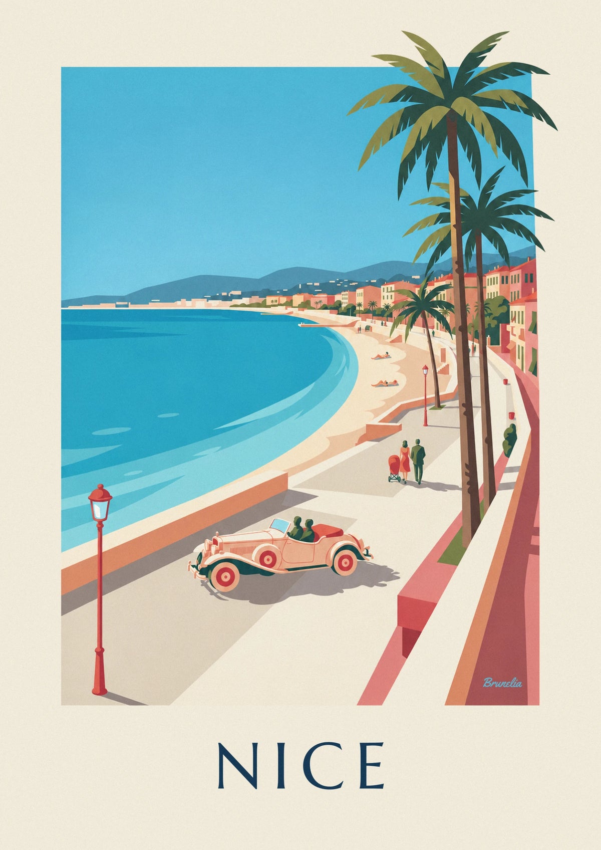 Convertible and strollers under palm trees on the Bay of Angels in Nice poster