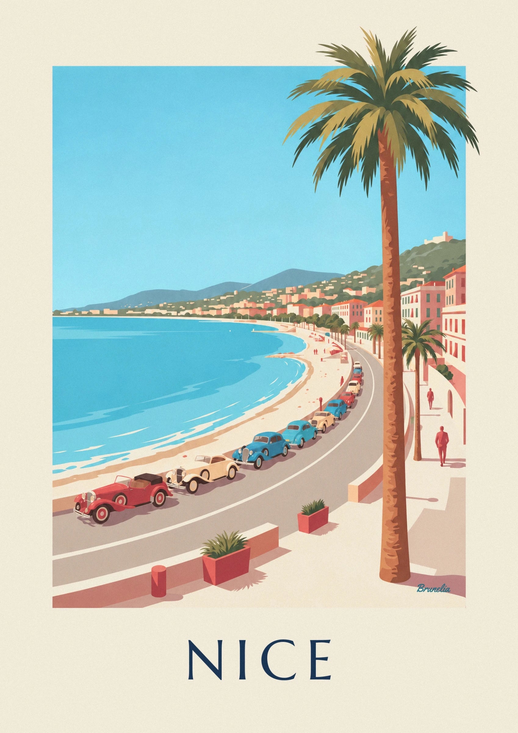 The red, cream and blue vintage cars along the bay of Nice