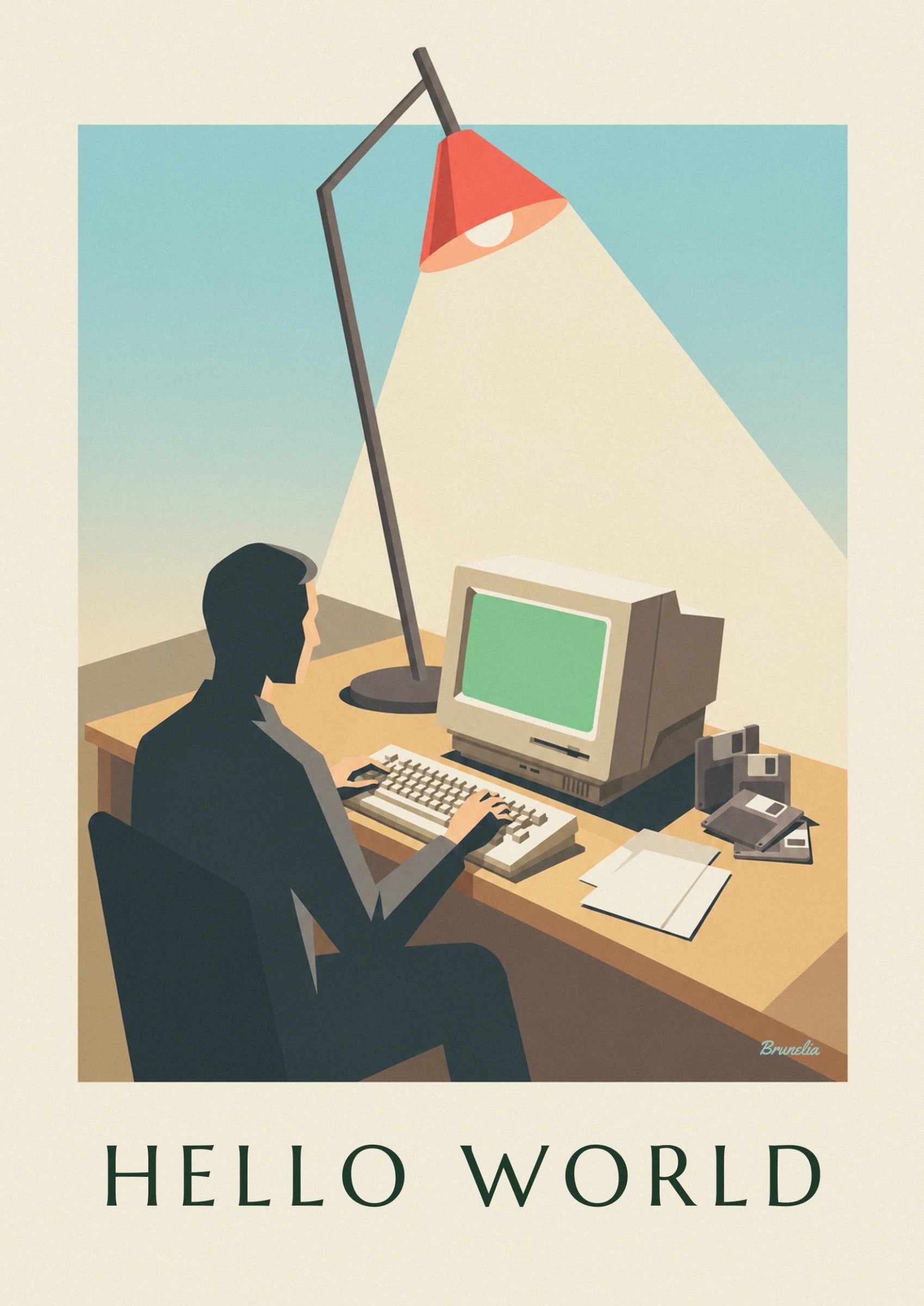 Der beige Computer mit seinem grünen Bildschirm und die Tastatur unter der Hand des Nutzers