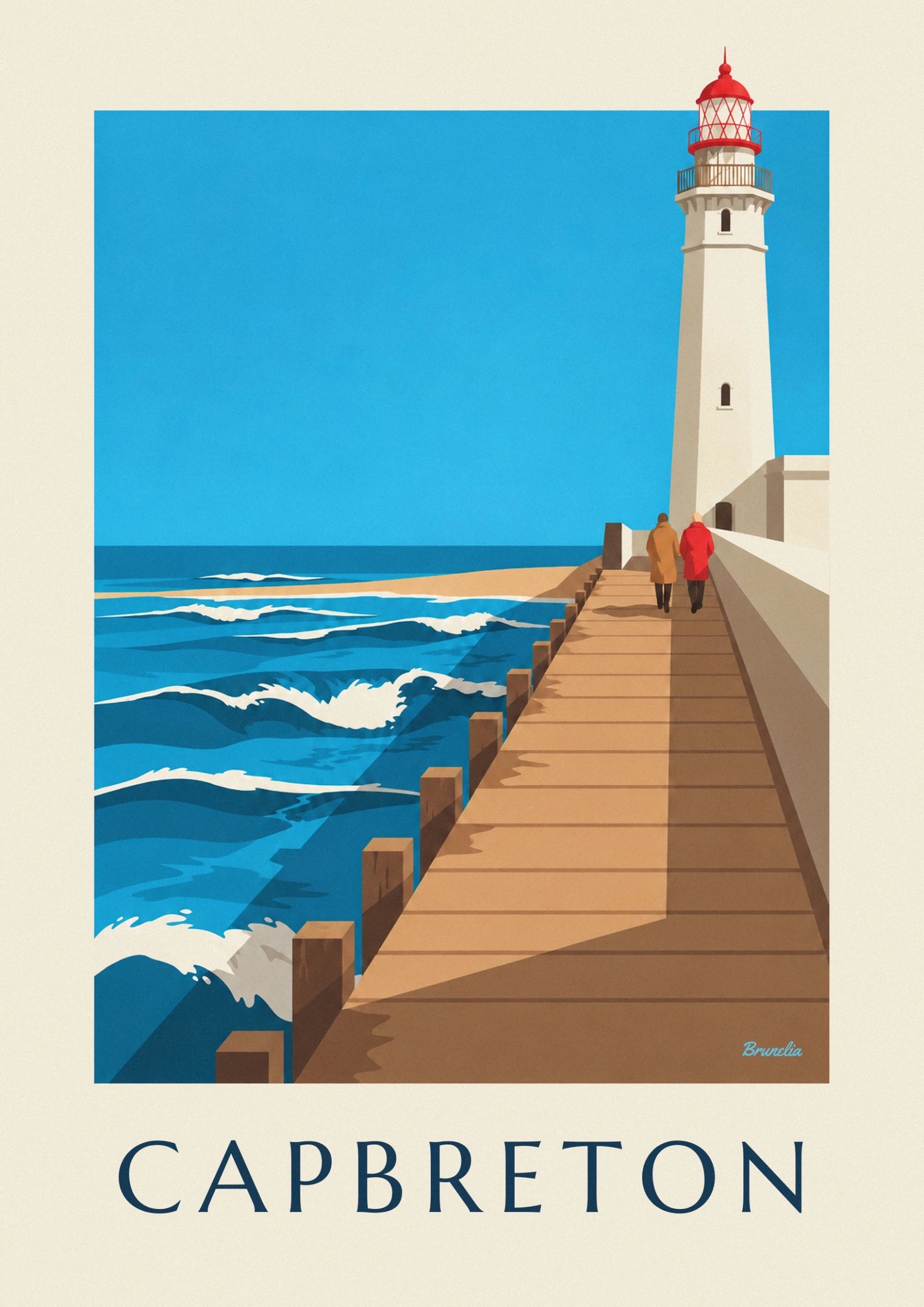 The white lighthouse at Capbreton with its red lantern and railed balconies