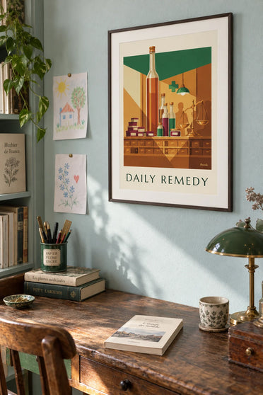 Poster of an old-fashioned pharmacy counter, syrups and tablets: framed on the wall