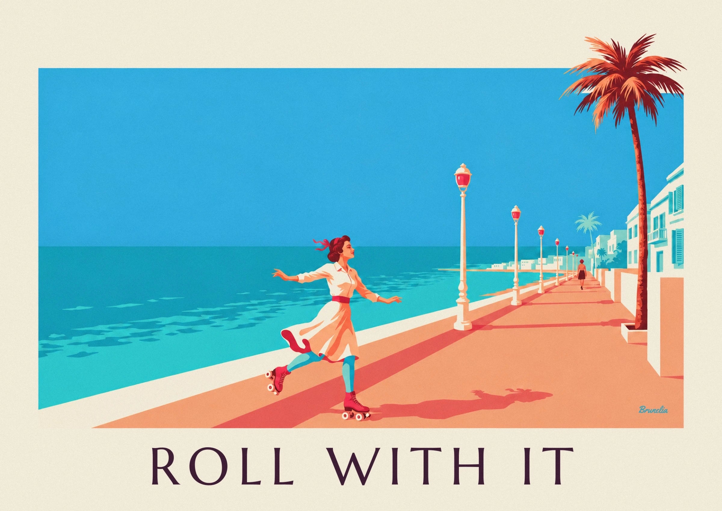 The skater in a cream dress, red belt and pink skates facing the turquoise sea