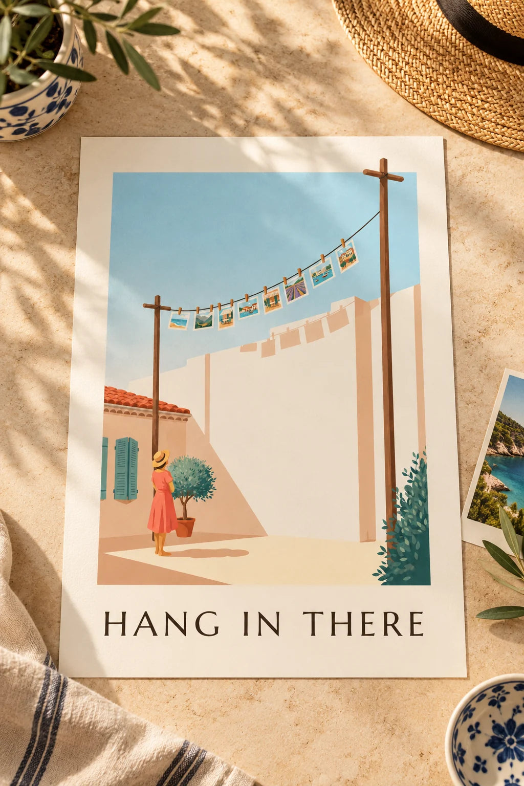 Laundry room: Clothesline with wooden clothespins and small photos poster on the wall