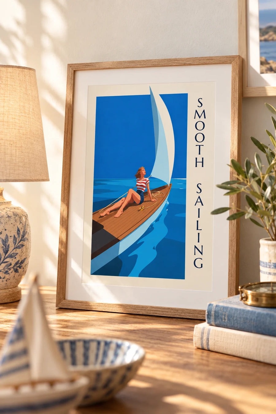 Pin-up poster on the deck of a sailboat out at sea: small A4 framed size
