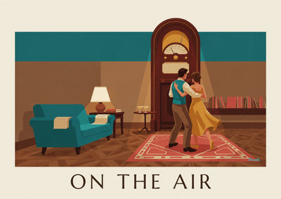 Poster Radio aus Holz und tanzendes Paar im Wohnzimmer: das ganze Poster