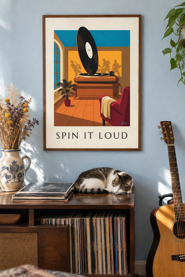 Poster einer Rock-Schallplatte auf dem Plattenspieler: gerahmt an der Wand