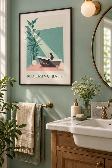 Poster Badewanne voller Blumen vor grüner Wand und rosa Boden: gerahmt an der Wand