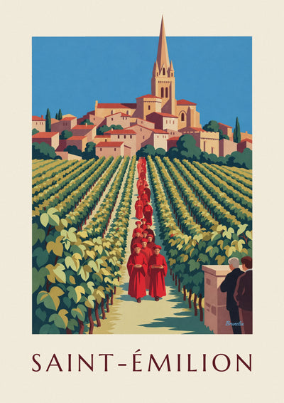 Poster of Saint-Émilion vineyards and village seen from a cellar: the full poster