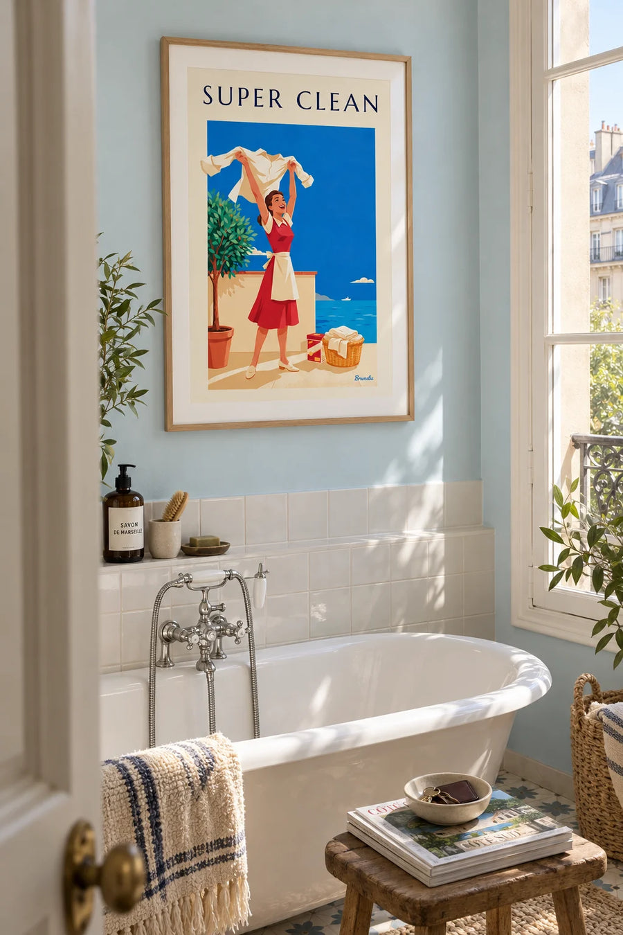 Affiche femme et chemise blanche éclatante, lessive Super Clean : encadrée au mur