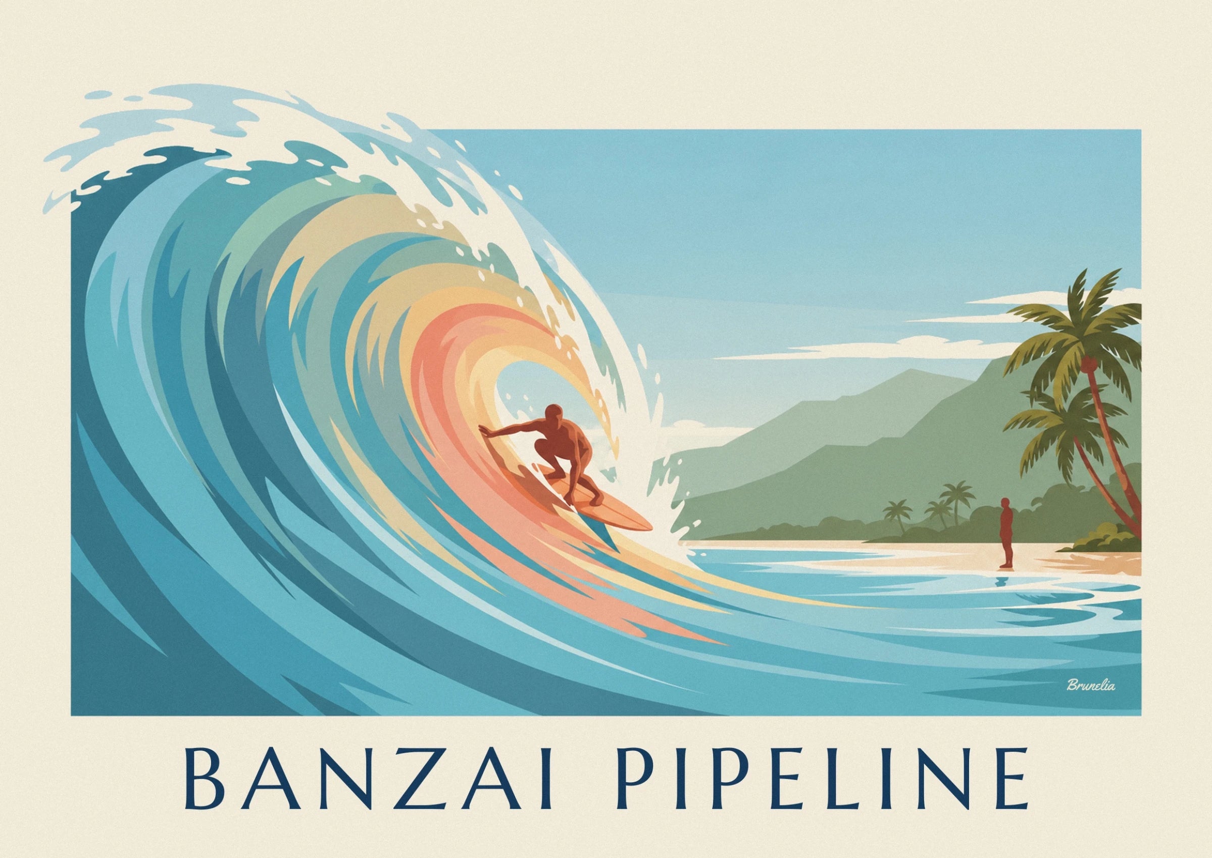 Le surfeur accroupi sur sa planche orange au creux d'une vague turquoise et corail