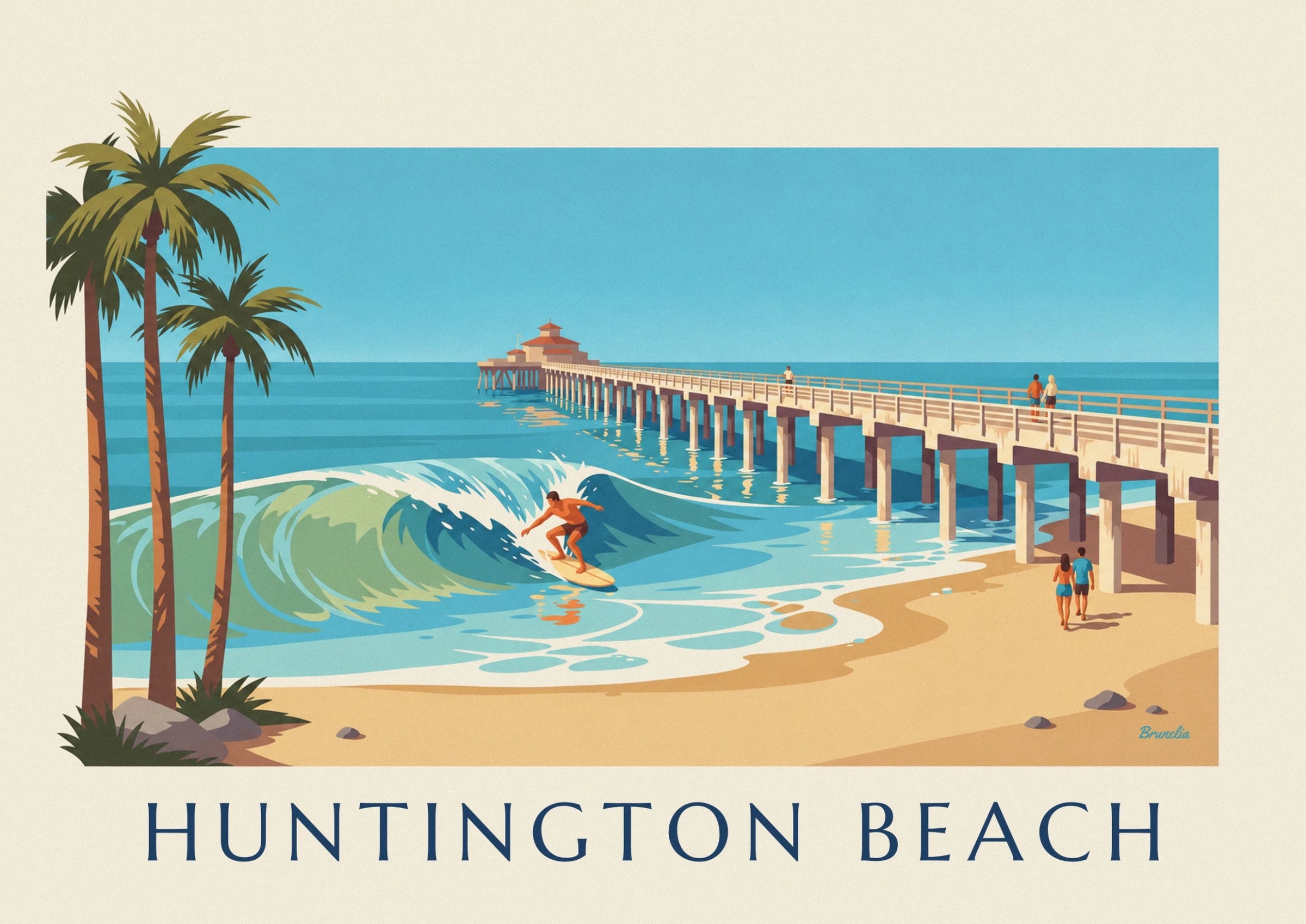 The surfer on his yellow board in a turquoise wave near the pier