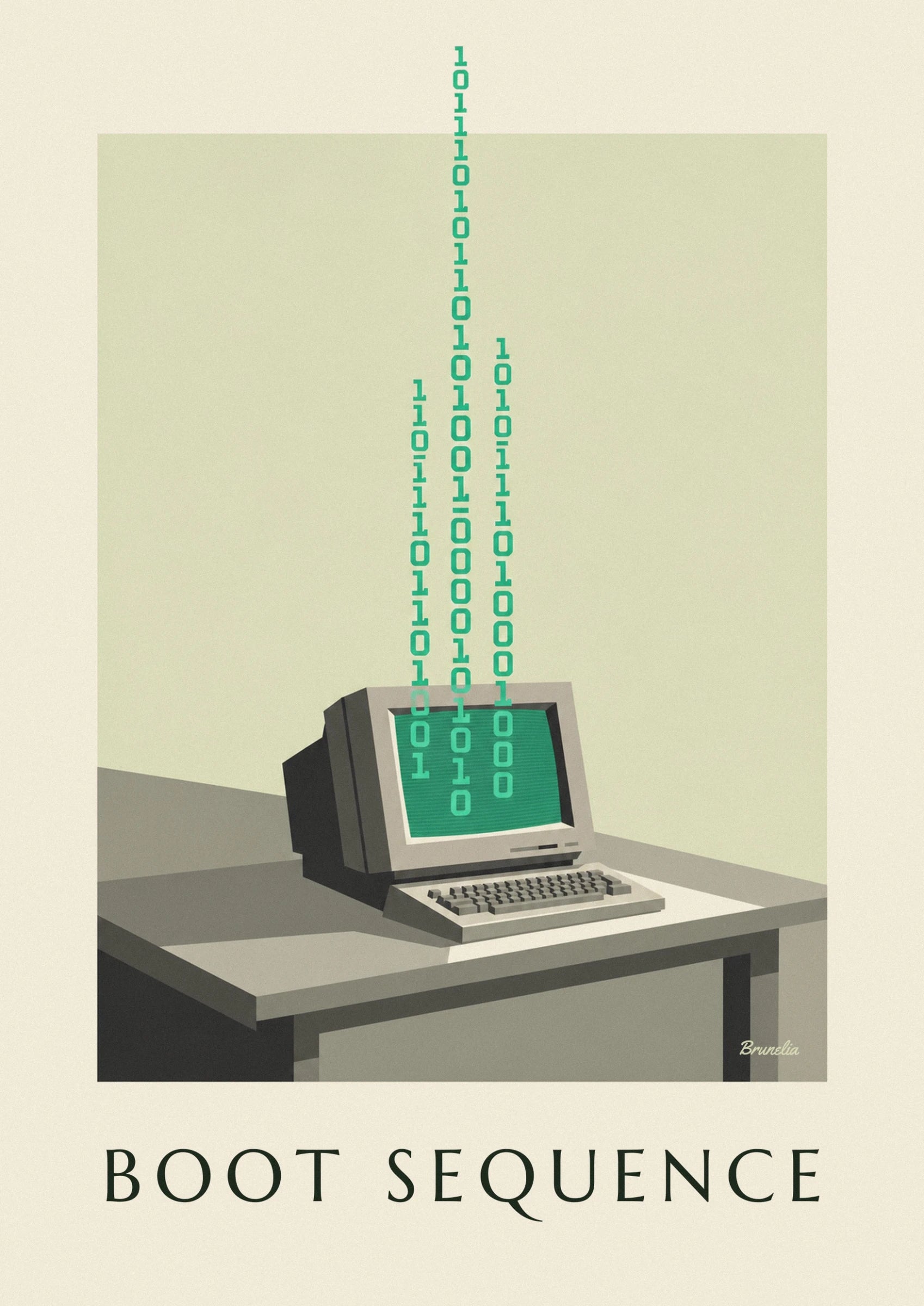 Monochrome screen computer and binary code poster: close-up detail