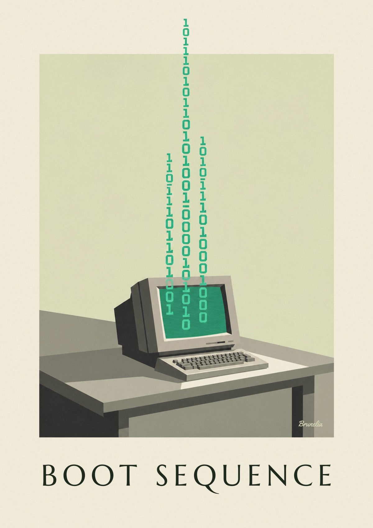 Monochrome screen computer and binary code poster