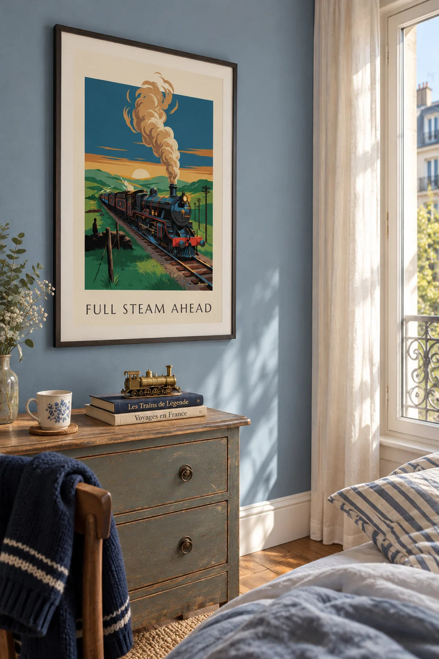 Affiche locomotive à vapeur lancée vers l'horizon : encadrée au mur
