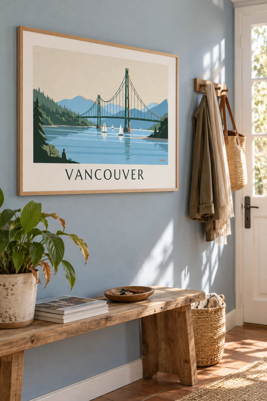 Poster of the Lions Gate Bridge and sailboats in Vancouver: framed on the wall