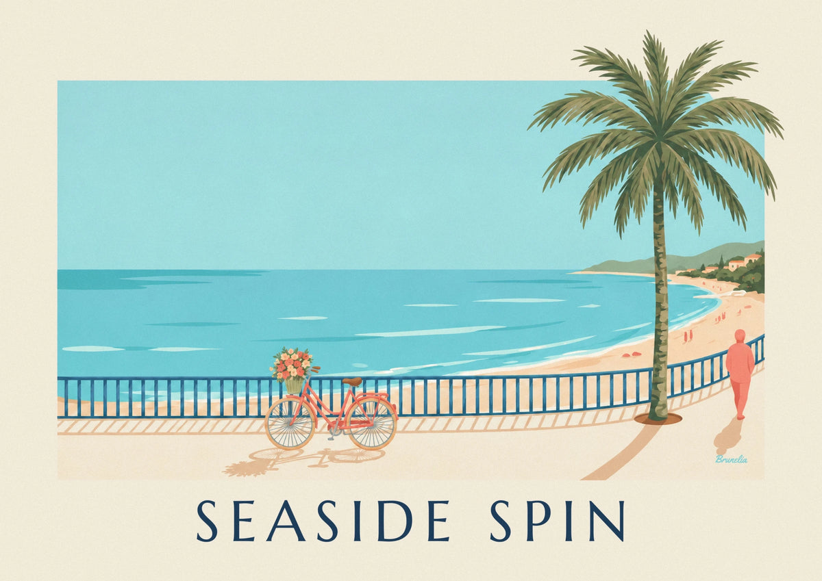 Flower-basket bicycle on a seaside promenade poster