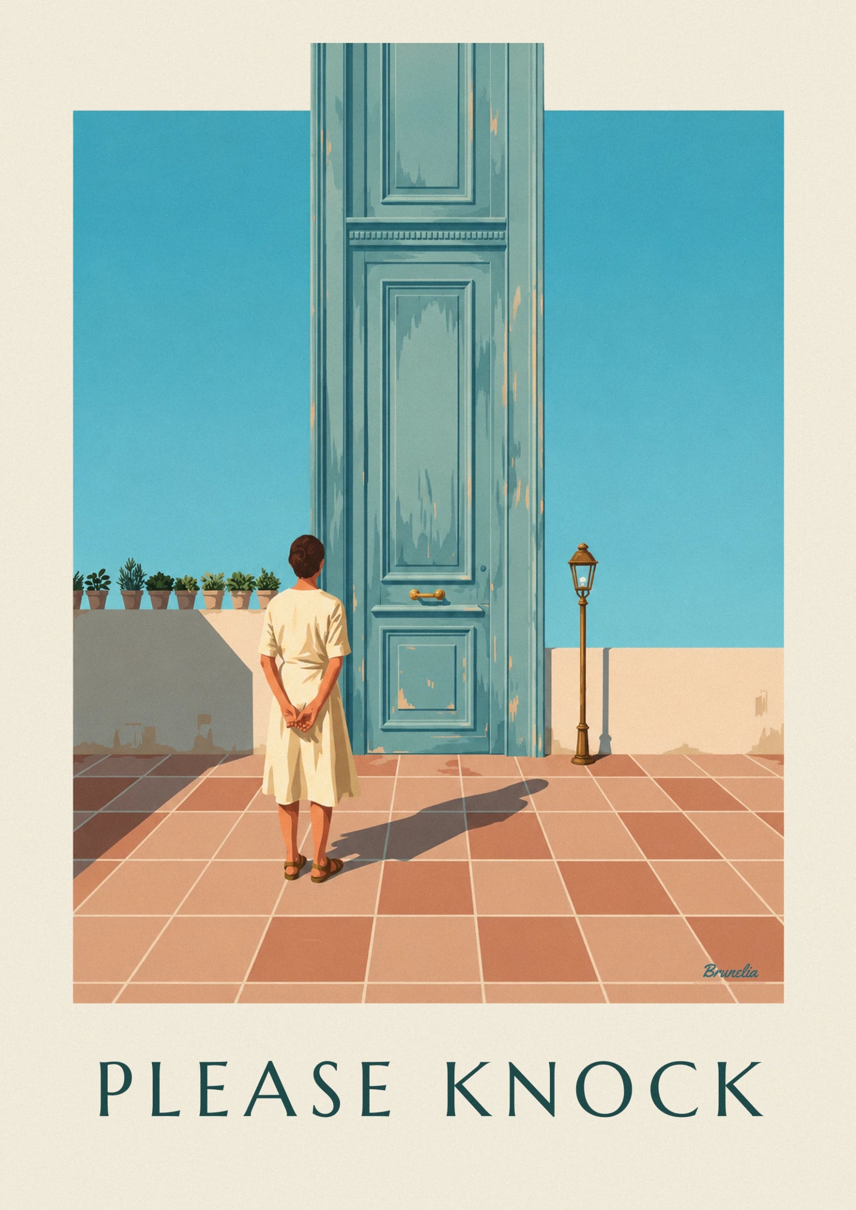 The woman in a cream dress with her hands behind her back, facing the weathered blue-green door